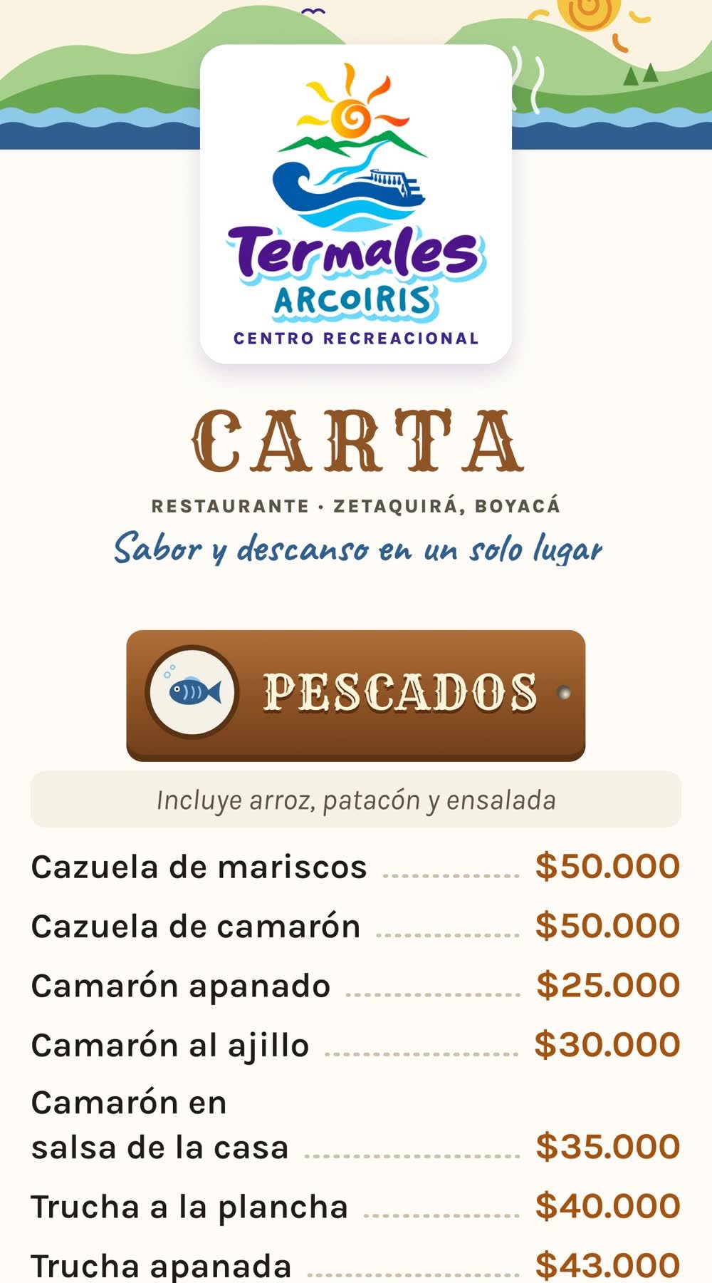 Carta, página 1: pescados, filetes de pescado y arroces, con sus precios.