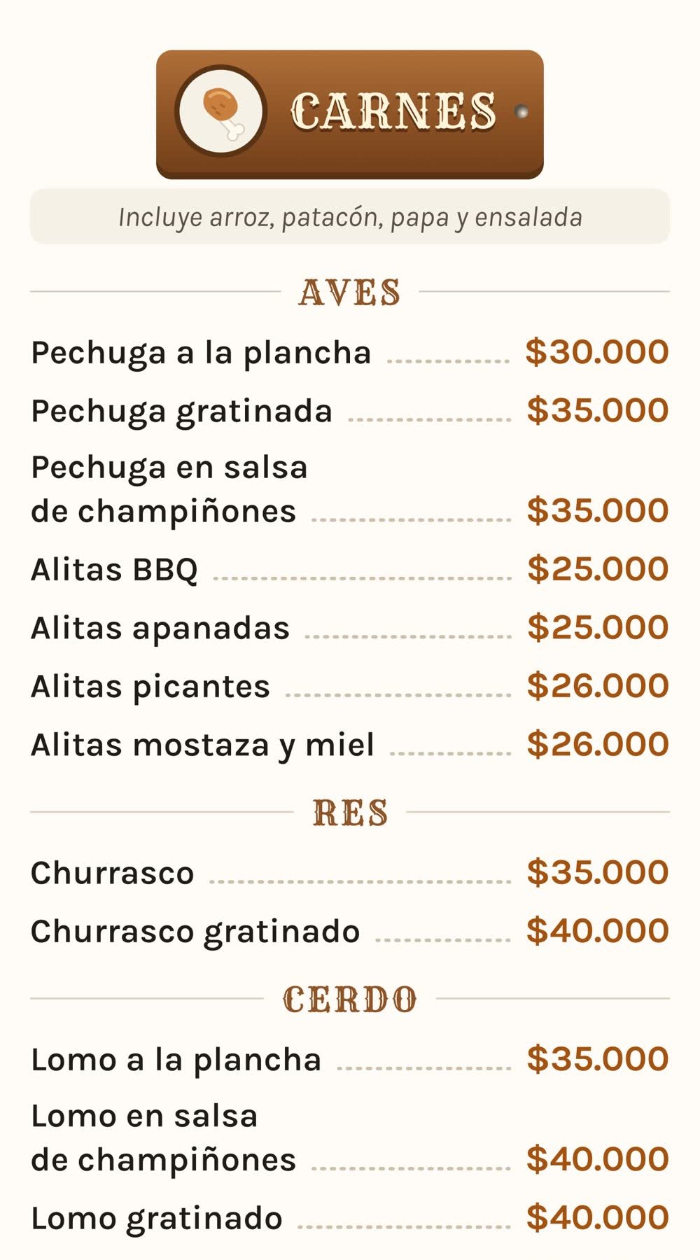 Carta, página 2: carnes, hamburguesas y salchipapas, con sus precios.