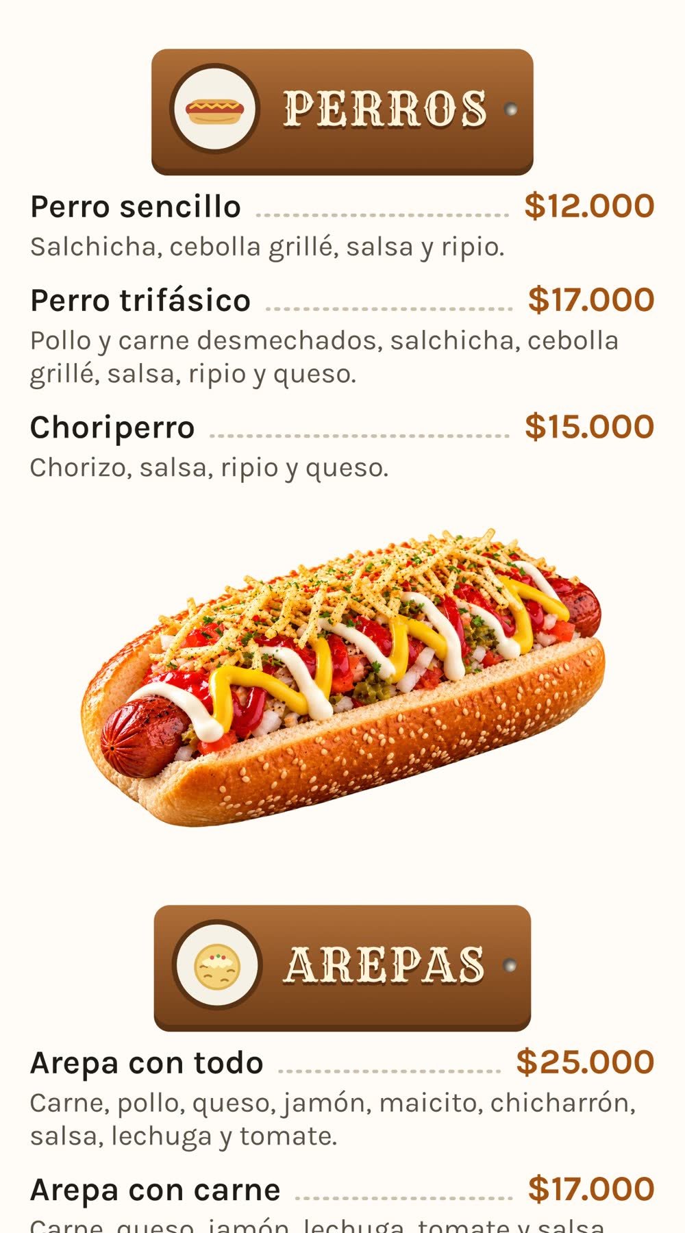 Carta, página 3: perros, arepas, patacón, tacos, bebidas y adicionales, con sus precios.