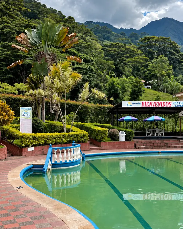 La piscina grande rodeada de palmas, setos y montaña