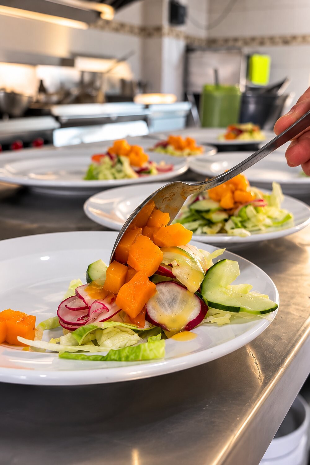 Emplatado de ensalada fresca con papaya, pepino y rábano en la cocina del restaurante